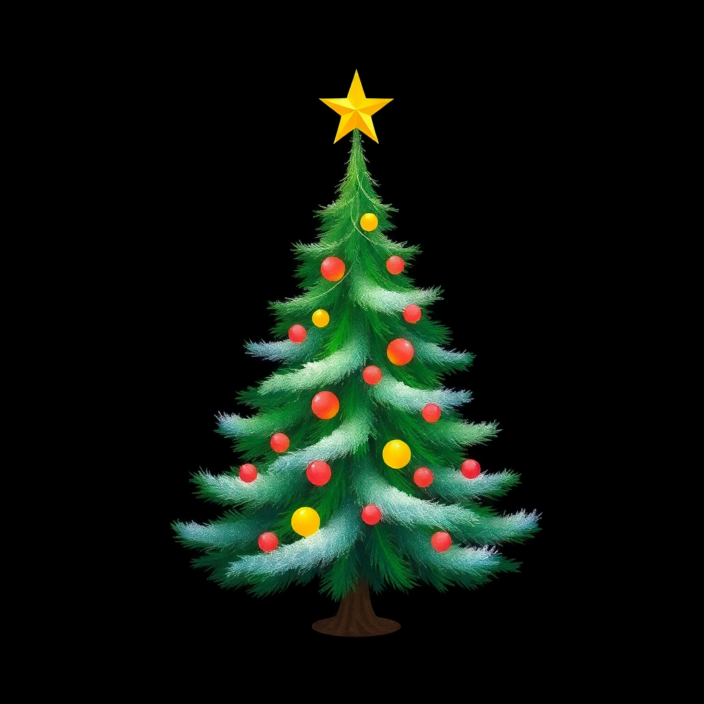 The image shows a Christmas tree decorated with colorful balls and a star on top, set against a black background.