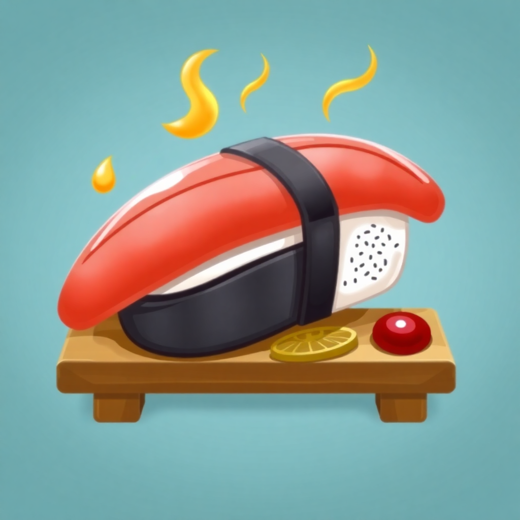 The image shows a sushi roll on a wooden table with a blue background. The sushi roll is animated, giving it a lively and vibrant look.