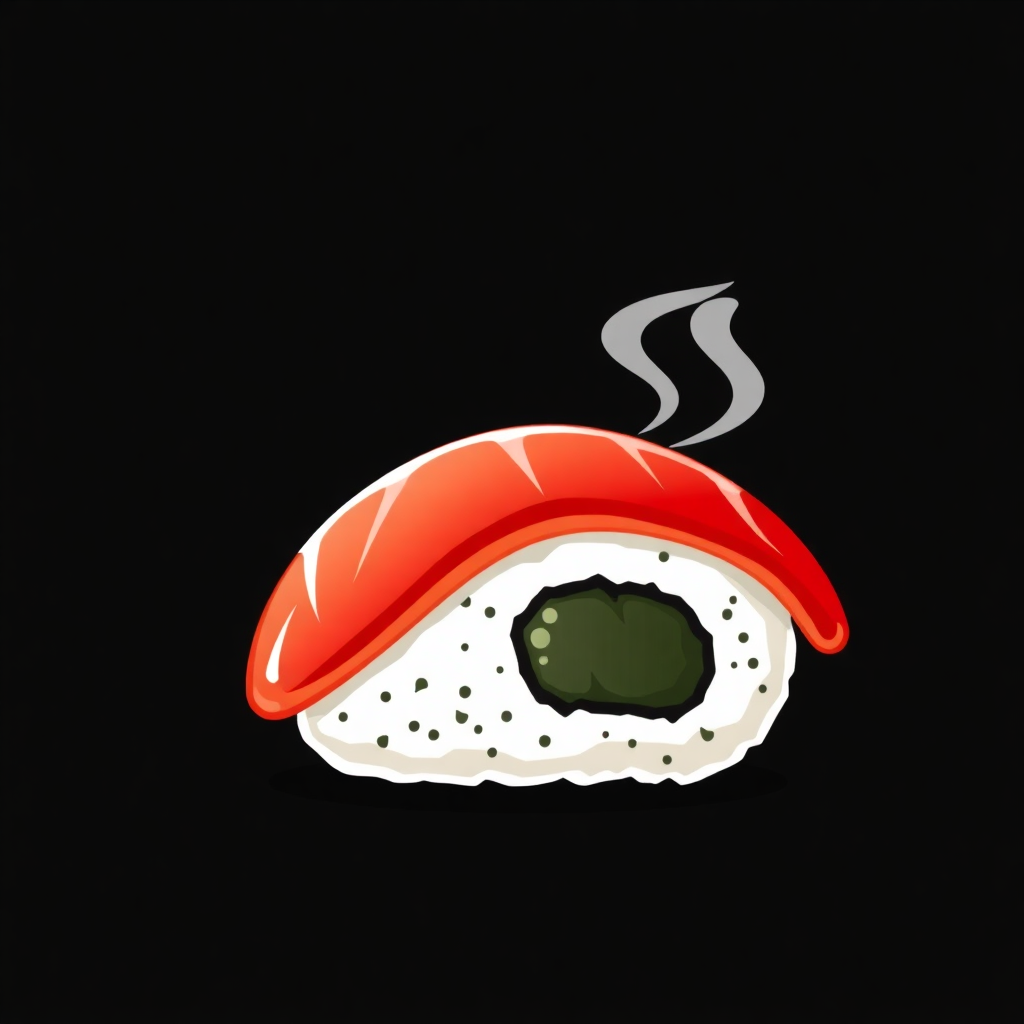 The image shows a sushi roll on a black background with smoke coming out of it. The sushi roll is animated, giving it a lively and vibrant look.