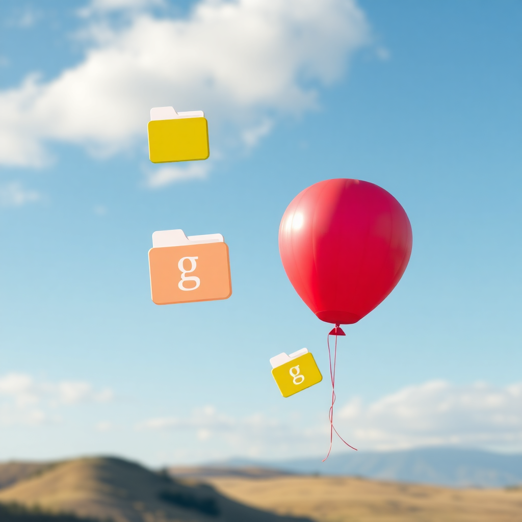 A scenic background with folder icons floating like balloons, depicting lightness and ease in file storage.