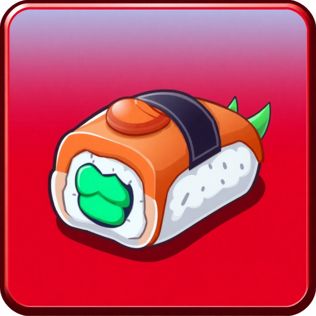 The image shows a sushi icon on a red background, depicting a piece of sushi with a variety of colors including white, orange, green, and brown.