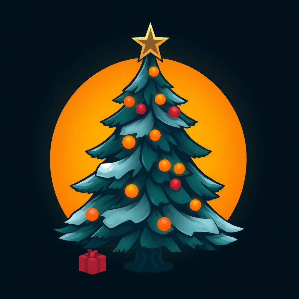 The image shows a Christmas tree with a star on top of it, adorned with colorful balls and a gift box, set against a backdrop of a full moon in the night sky.