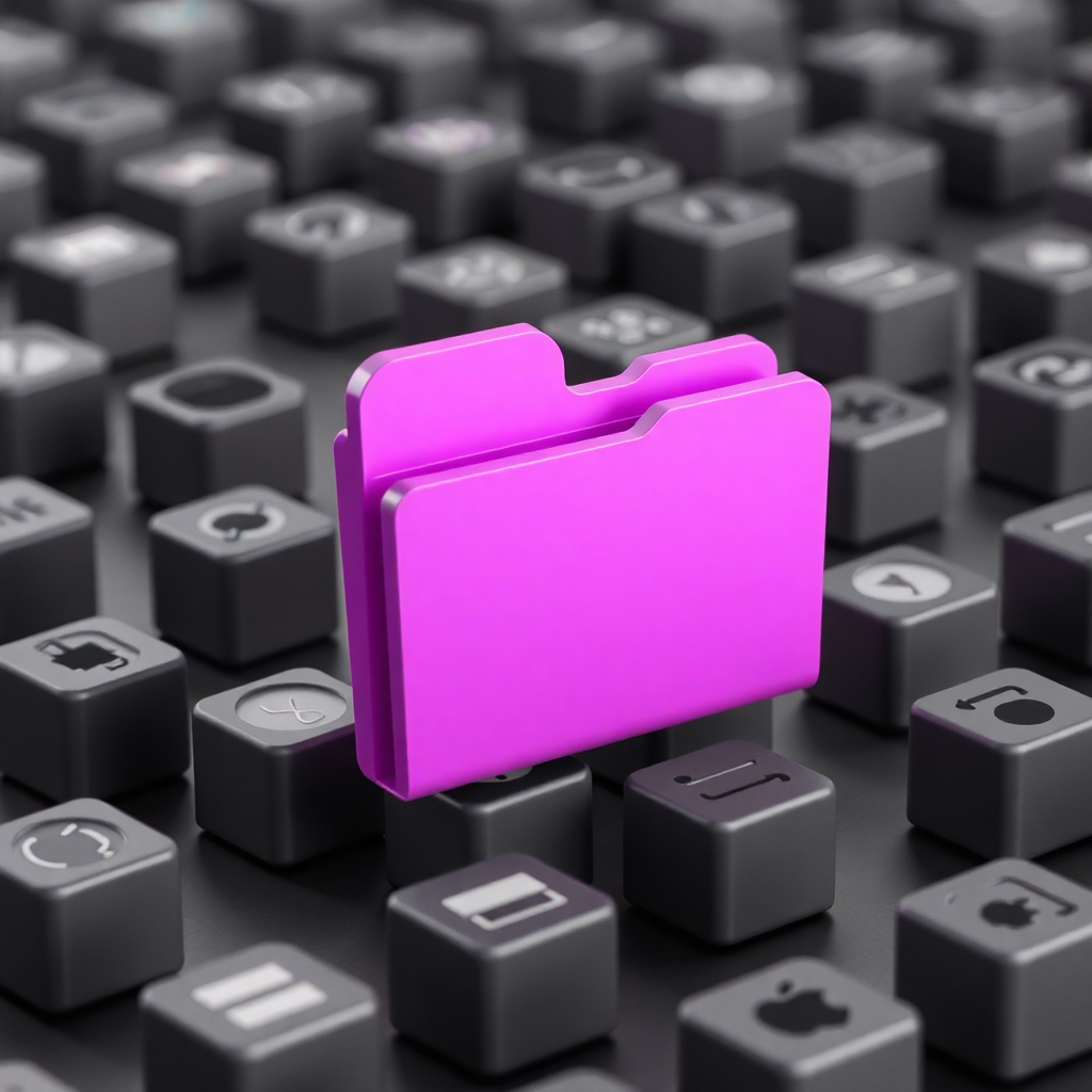 A vibrant magenta folder icon standing out against monochrome icons, drawing attention to highlighted or priority files.