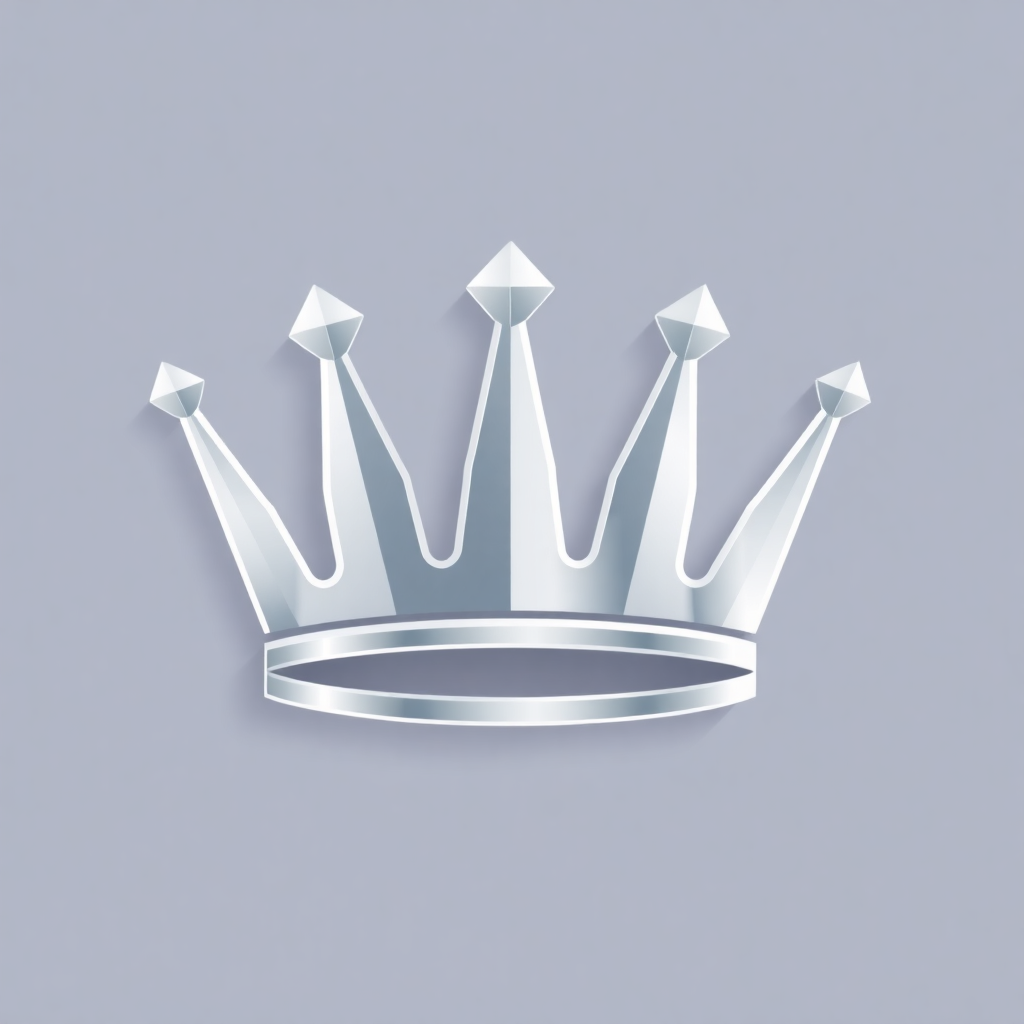 A royalty-inspired flat crown icon in shiny silver, depicted with sharp symmetrical shapes, illustrating modern design aesthetics.